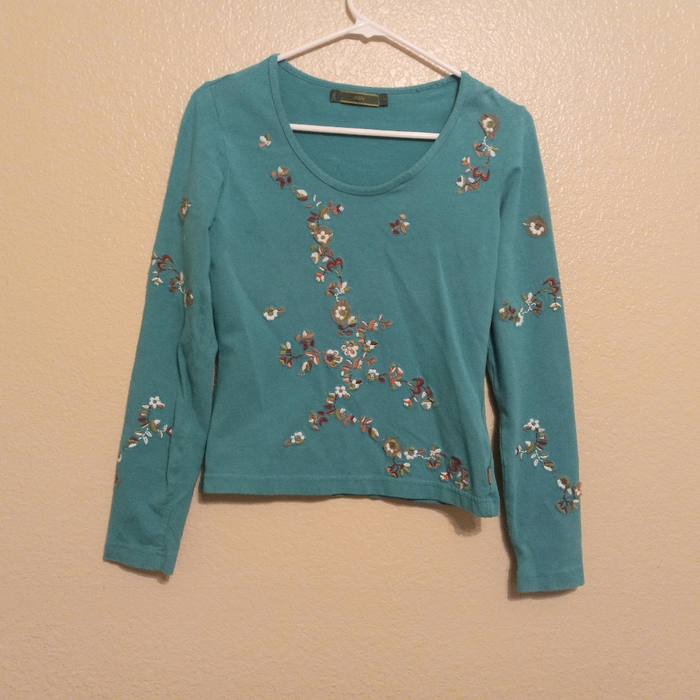 Oilily Teal Long Sleeve Floral Embroidered Tee